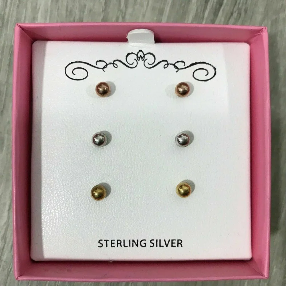 Childrens Tri-Tone 3 Piece Ball Stud‎ Earring Set,